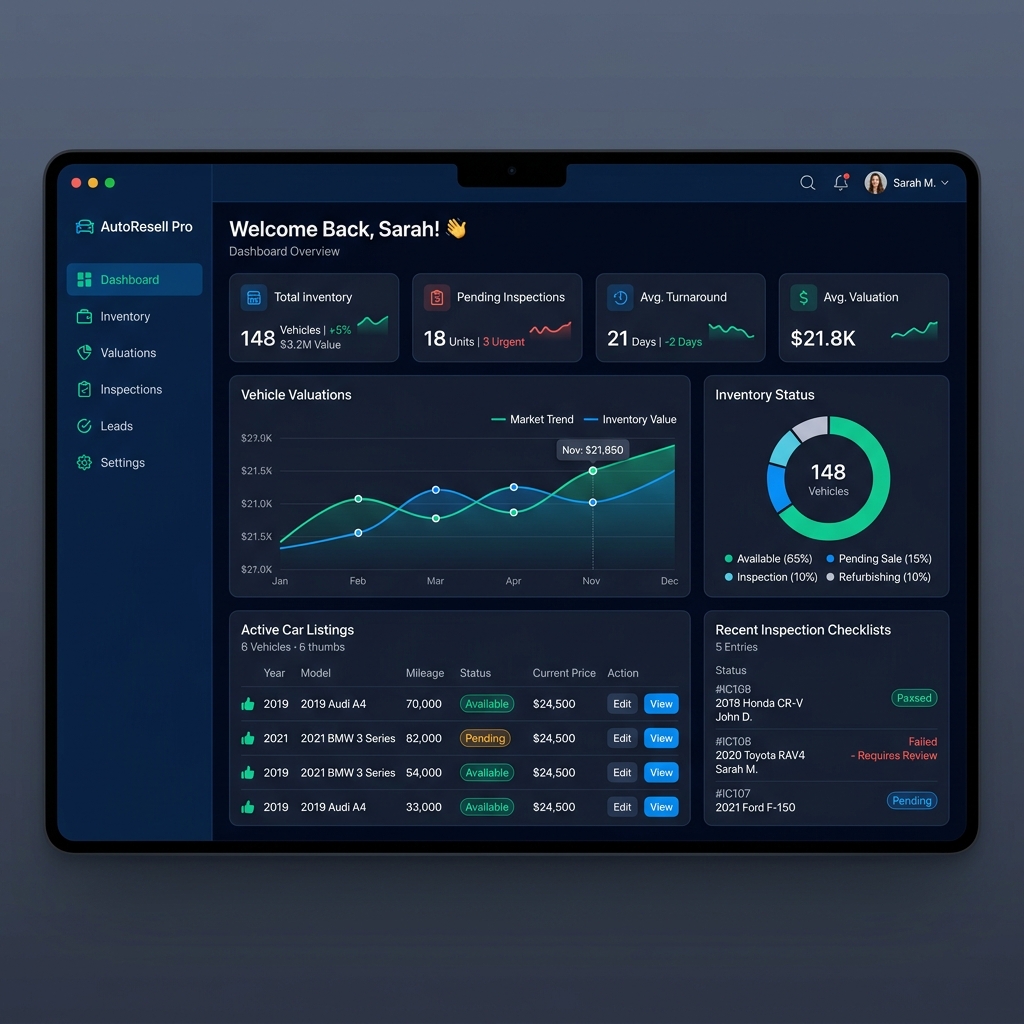 Used Vehicle Reselling Software Dashboard Preview